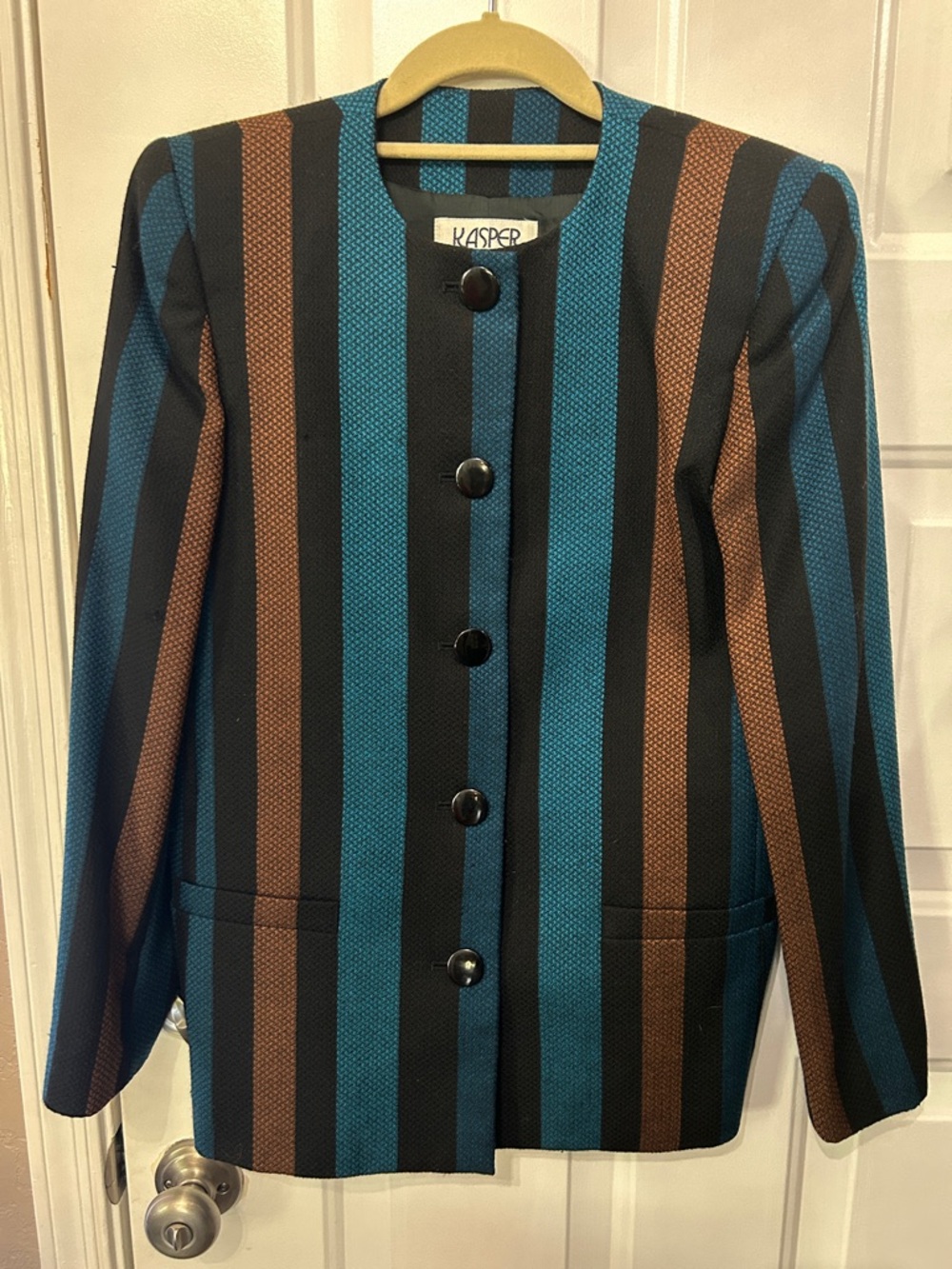Vintage Kasper for ASL Women's Teal, Brown & Black Striped Blazer